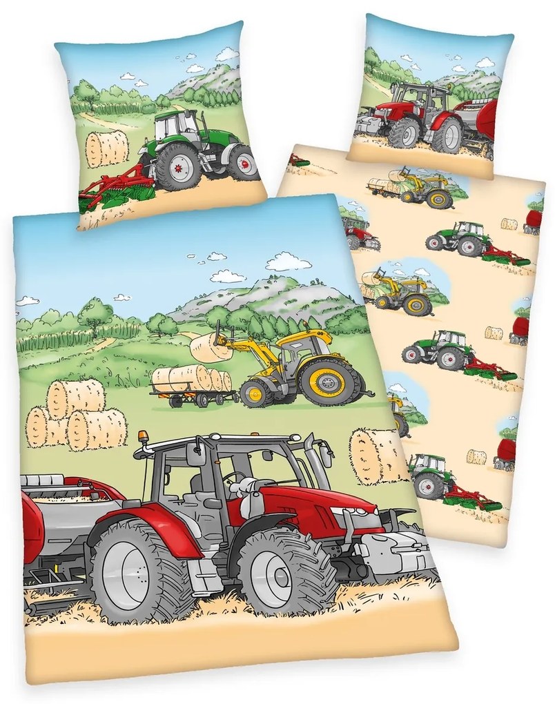 Lenjerie de pat din bumbac pentru copii Herding Tractor, 135 x 200 cm, 80 x 80 cm