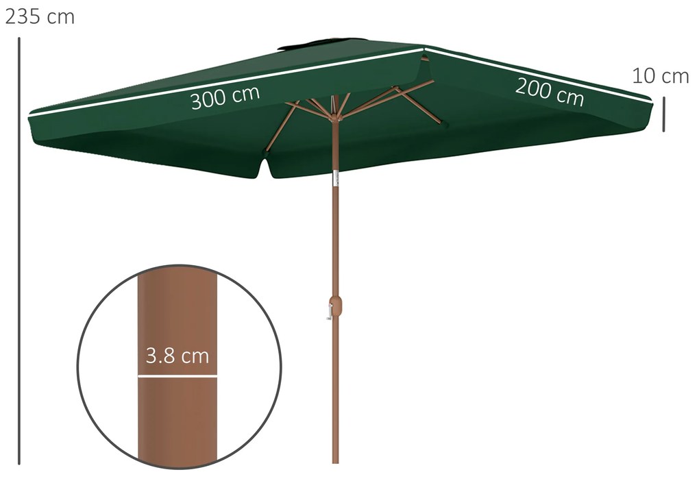Outsunny Umbrelă de Grădină Înclinabilă cu Deschidere cu Manivelă, și Orificiu de Ventilație, 300x200x235 cm, Verde Închis | Aosom Romania