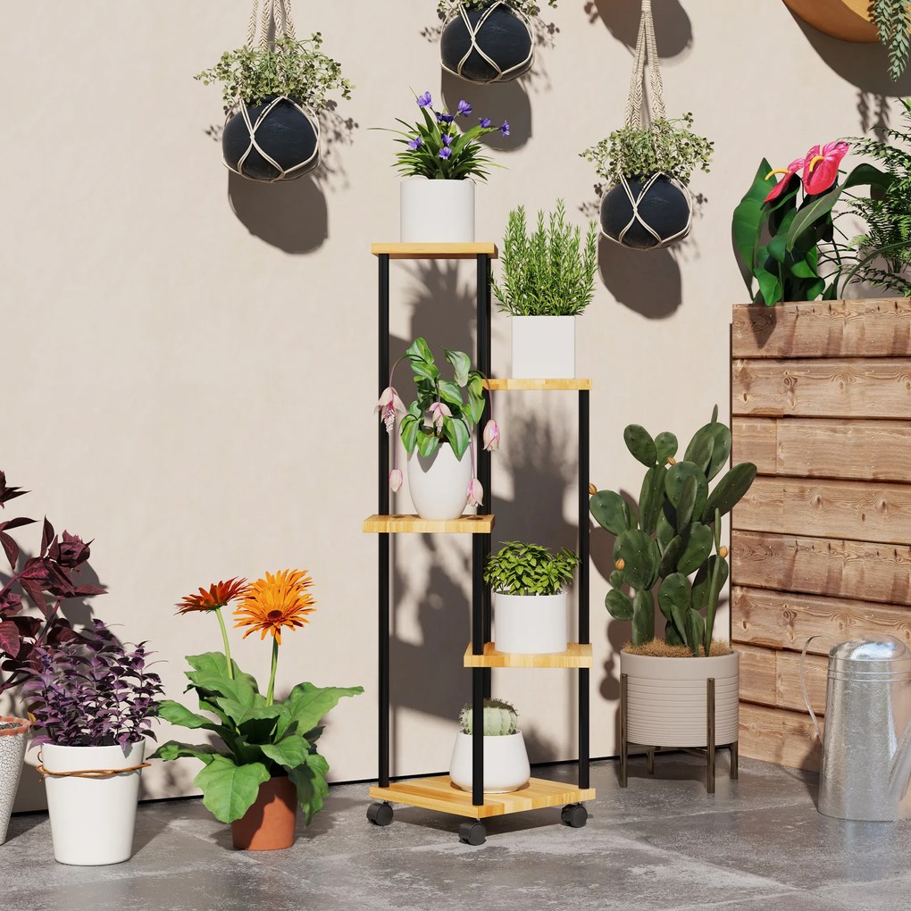 Outsunny Suport pentru Plante cu 5 Niveluri pentru Interior și Exterior, Etajeră cu 4 Roți din Oțel și Lemn, Lemn Natural | Aosom Romania