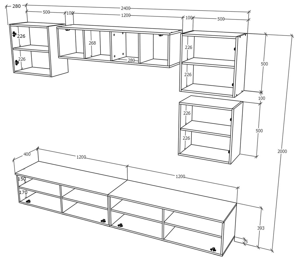 Living haaus Haga V17, Alb Lucios/Negru, MDF, L 240 cm