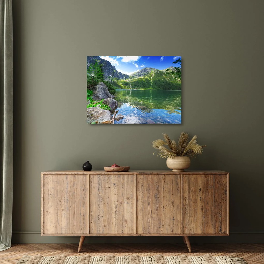 Tablou pe sticlă cu lac în munții Tatra (70x50 cm)