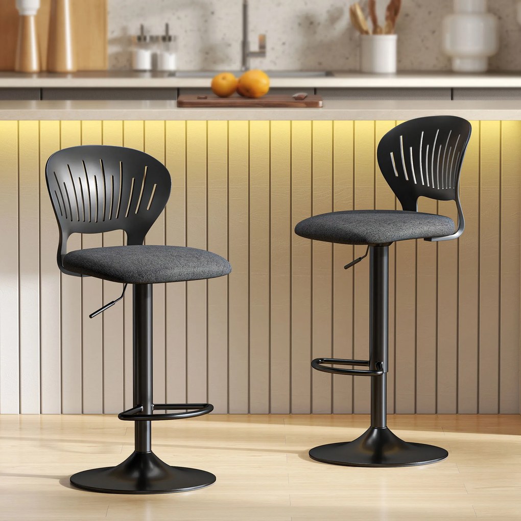 Set HOMCOM de 2 Scaune de Bar Reglabile, Scaune de Bucătărie Înalte din Țesătură Tip In cu Spătar, Suport pentru Picioare și Scaun Moale, Structură din Metal, Scaune de Bar Rotative la 360°, Negru | Aosom Romania