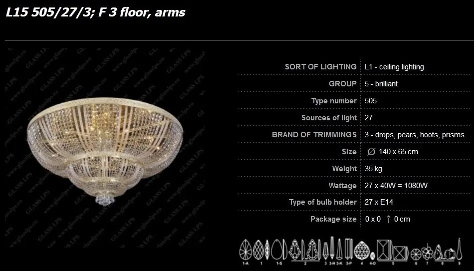 Plafoniera cristal Bohemia L15 505/27/3; F 3 floor, arms