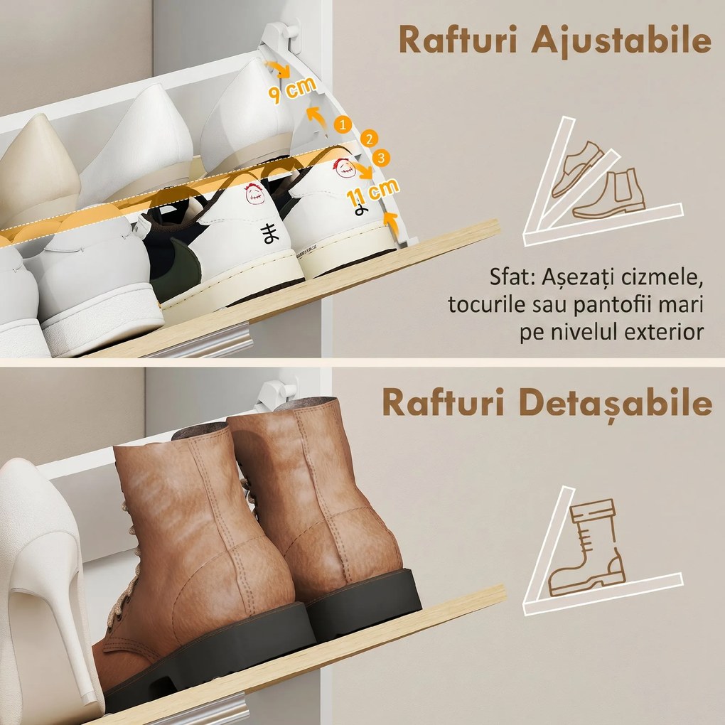 HOMCOM Dulap Slim pentru Pantofi cu 2 Sertare Rabatabile, Dulap Intrare cu Rafturi Reglabile, 3 Rafturi Deschise, Spațiu pentru 8 Perechi de Pantofi, Alb și Lemn Natural, 80x26x90 cm | Aosom Romania