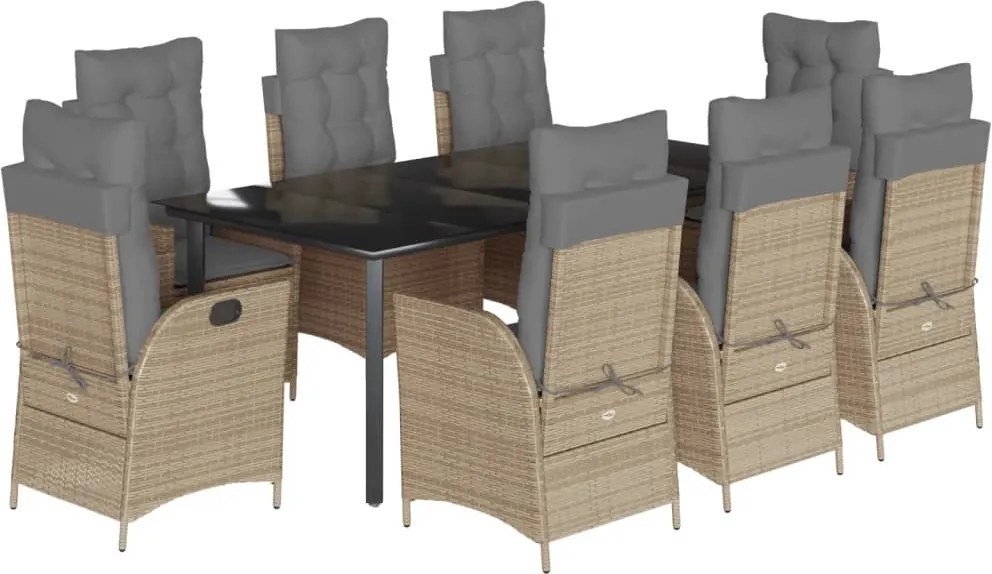 vidaXL Set de masă pentru grădină, 9 piese, cu perne, bej, poliratan