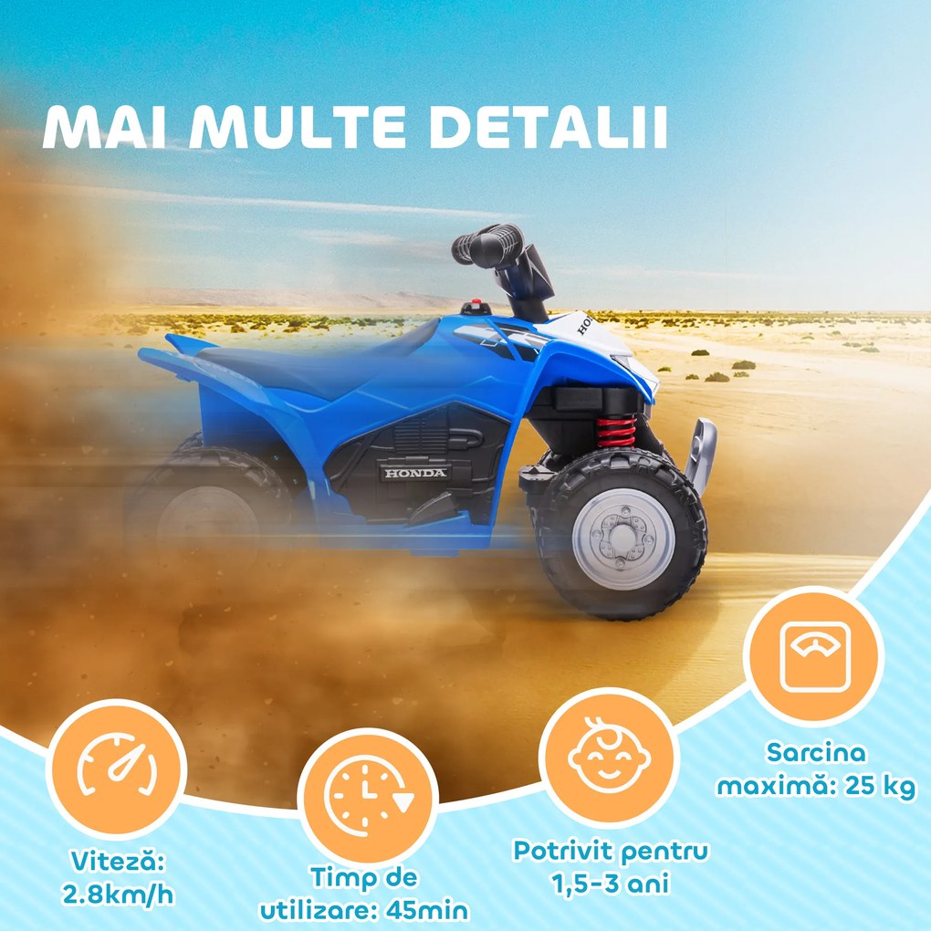 AIYAPLAY ATV Electric pentru Copii 18-36 Luni cu Lumini LED, Claxon și Pedale, 65.5x38.5x43.5 cm, Albastru | Aosom Romania