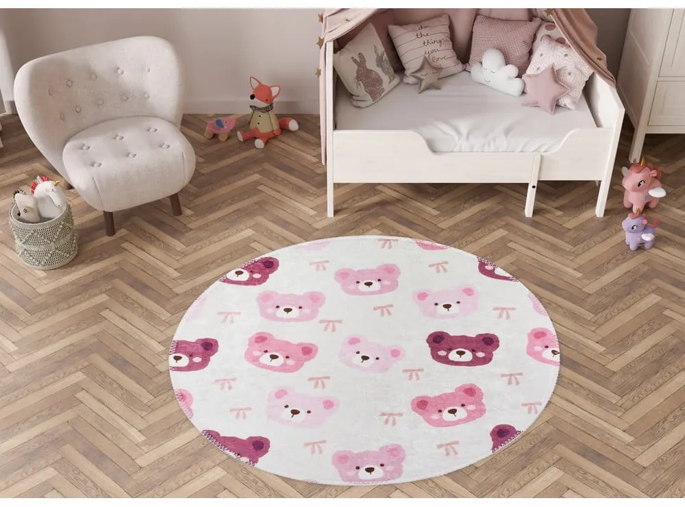 Covor pentru copii roz-fildeș lavabil ø120 cm Cute Teddies Pink – Vitaus