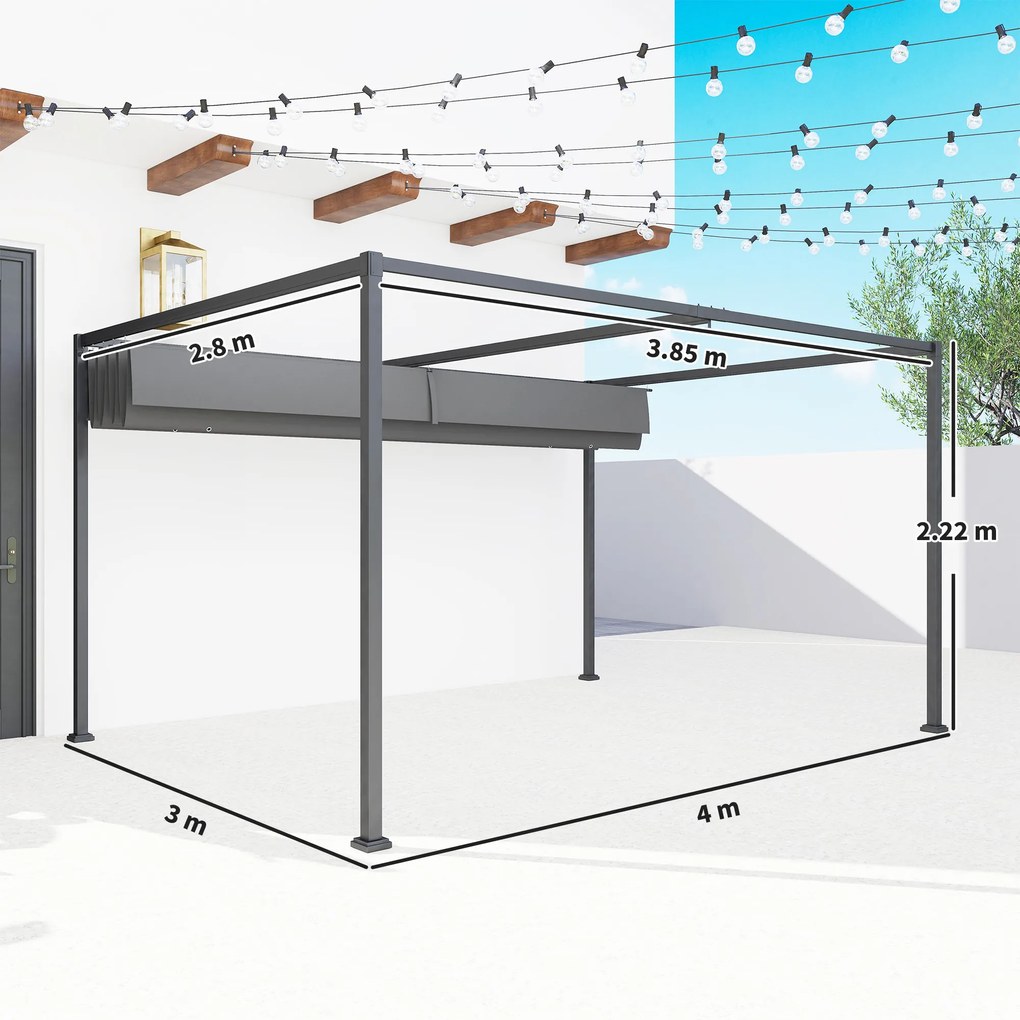 Outsunny Pergolă Gazebo 4x3 m cu Acoperiș Retractabil, Orificii de Drenaj, Țepușe și Șuruburi, Pergolă pentru Grădină din Poliester și Metal, Gri Închis | Aosom Romania