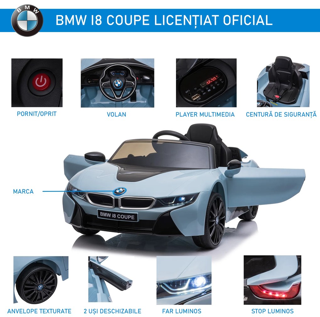 Licensed BMW I8 Coupe Masina Electrica HOMCOM telecomanda MP3 baterie pentru 3-8 ani | Aosom Romania
