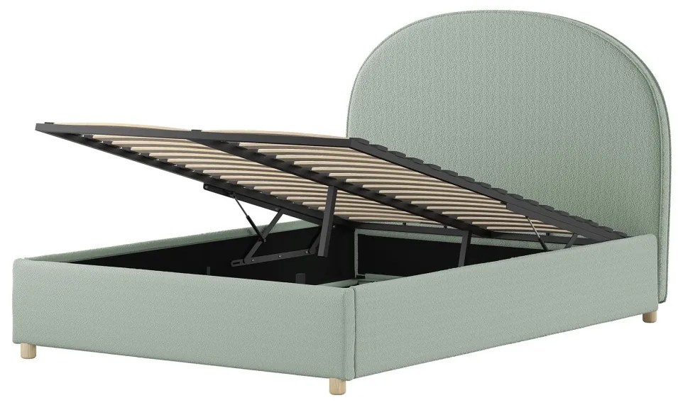 Set MOON: pat tapițat 90 x 200 cm verde cu țesătură bouclé și spațiu de depozitare + taburet verde multifuncțional – Vipack