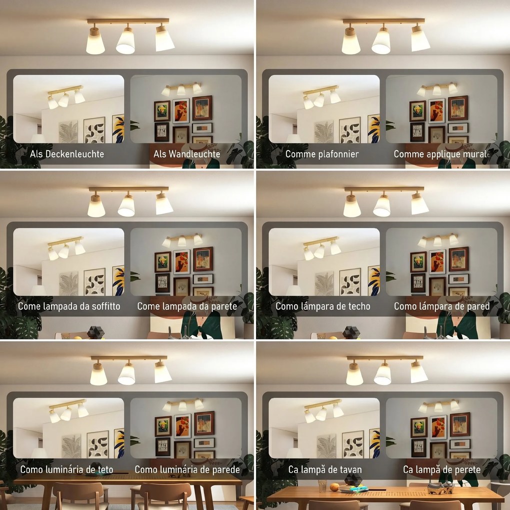 HOMCOM Candelabru de tavan cu 3 puncte de lumină reglabile la 90° și socluri E27, culoare lemn | Aosom Romania