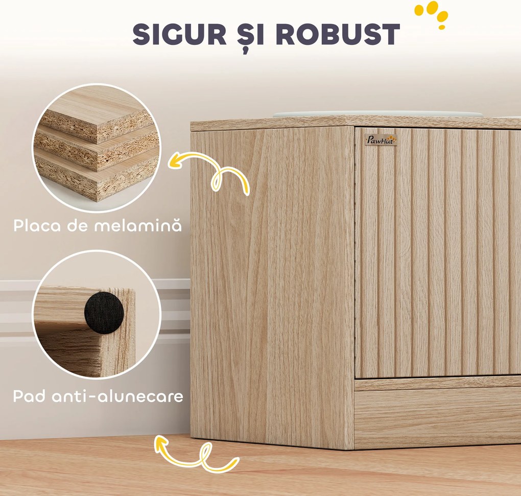PawHut Suport pentru boluri pentru câini cu 2 boluri de 2L și dulap inferior, din lemn, 60x30x35,5 cm, stejar | Aosom Romania