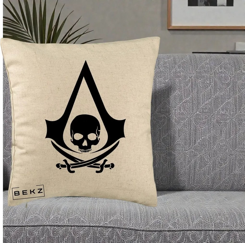 Perna Personalizata Assassin's Creed Black Flag Skull, 40x40 cm, Bej, Husa Detasabila, Perna Inclusa, BEKZ®