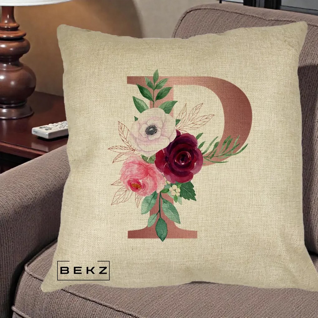 Cadou Personalizat - Perna Personalizata Monograma Rose Gold Litera P, 40x40 cm, Crem, Husa Detasabila, Perna Inclusa, BEKZ®