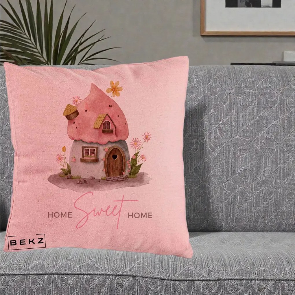Perna Decorativa Home Sweet Home Casuta, 40x40 cm, Roz, Husa Detasabila, Perna Inclusa, BEKZ®