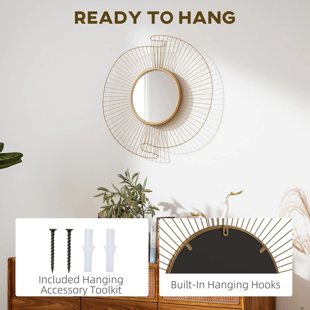 HOMCOM Oglindă Decorativă de Perete Rotundă, Design Modern cu Benzi Metalice și Ramă Plisată, Pentru Sufragerie, Dormitor și Hol, 60x60 cm, Auriu | Aosom Romania