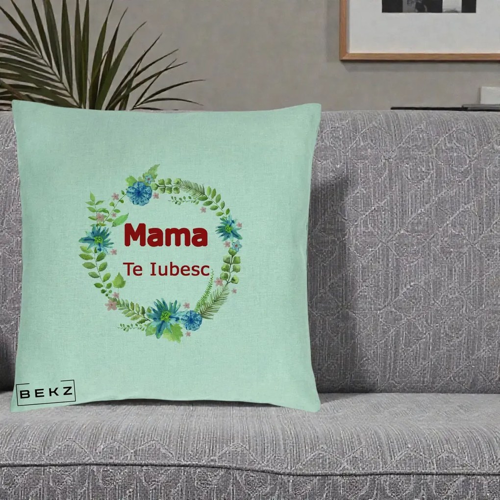 Cadou pentru Mama - Perna Personalizata Mama Te Iubesc Flori Albastre, 40x40 cm, Verde Menta, Husa Detasabila, Perna Inclusa, BEKZ®
