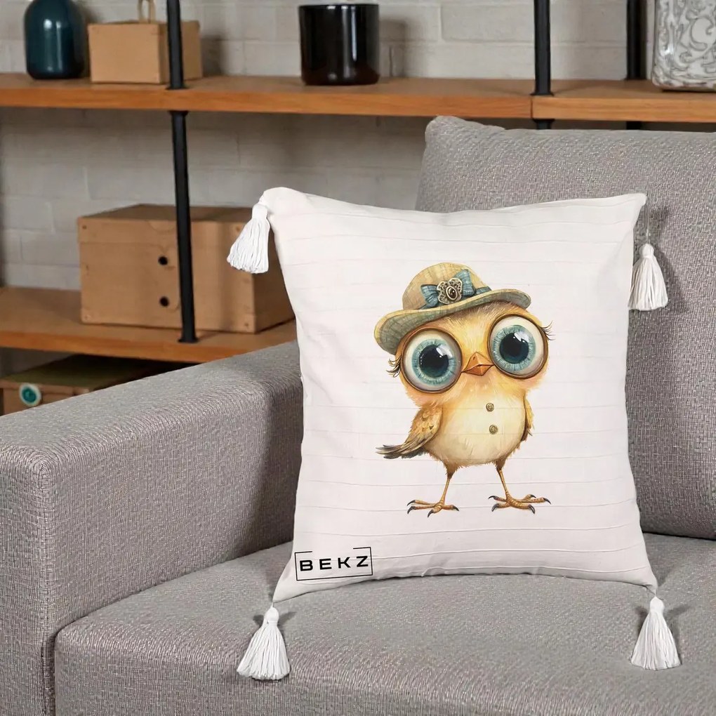 Perna Decorativa Pui Elegant cu Palarie Teal, 40x40 cm, Bej cu Franjuri, Husa Detasabila, Perna Inclusa, BEKZ®
