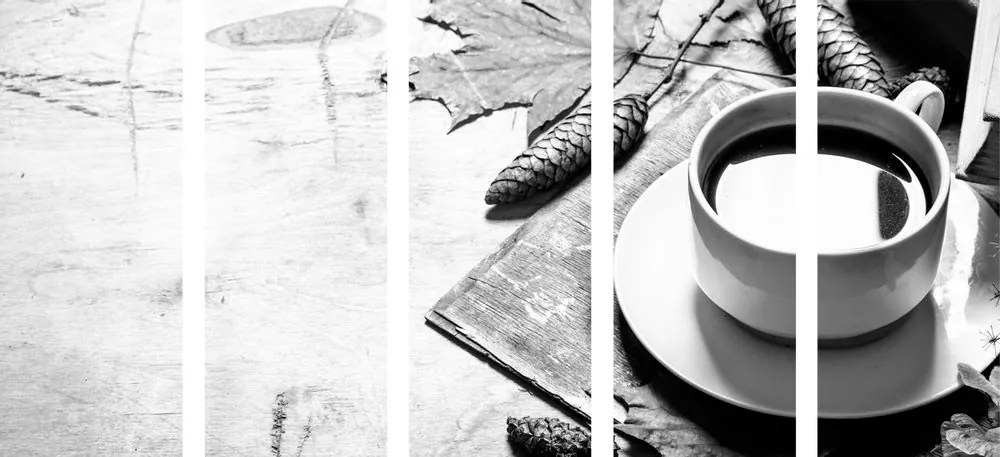 Tablou 5-piese o cană de cafea cu atingere de toamnă în design alb-negru