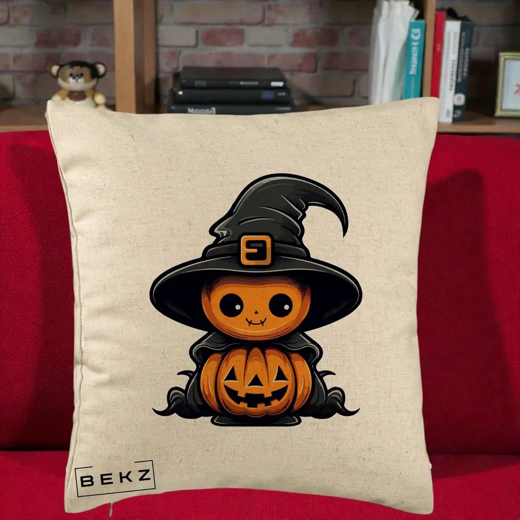 Perna Decorativa Halloween Dovleac Vrajitor Kawaii, 40x40 cm, Bej, Husa Detasabila, Perna Inclusa, BEKZ®