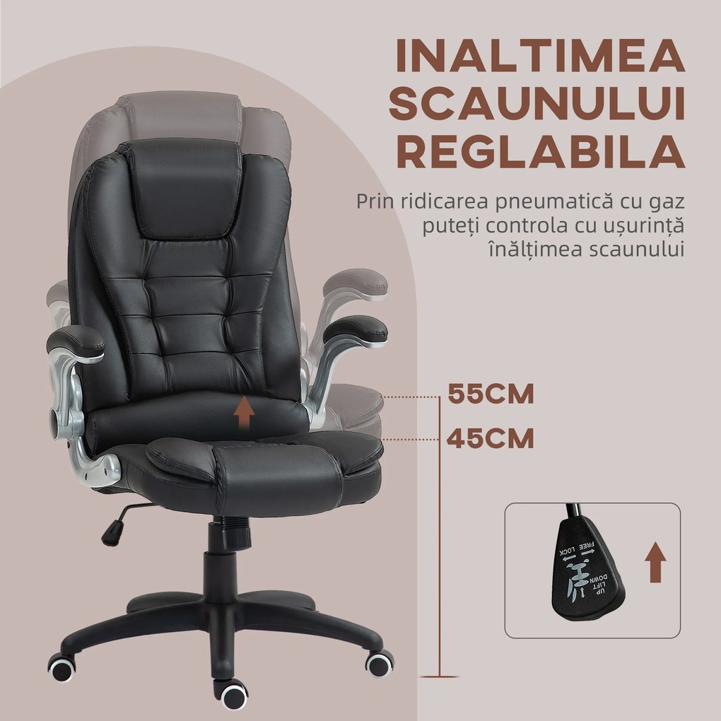 HOMCOM Scaun Ergonomic de Birou cu Brațe și Înălțime Reglabile, Tetieră, și Funcție de Balans, 111-121x60x69 cm, Negru | Aosom Romania