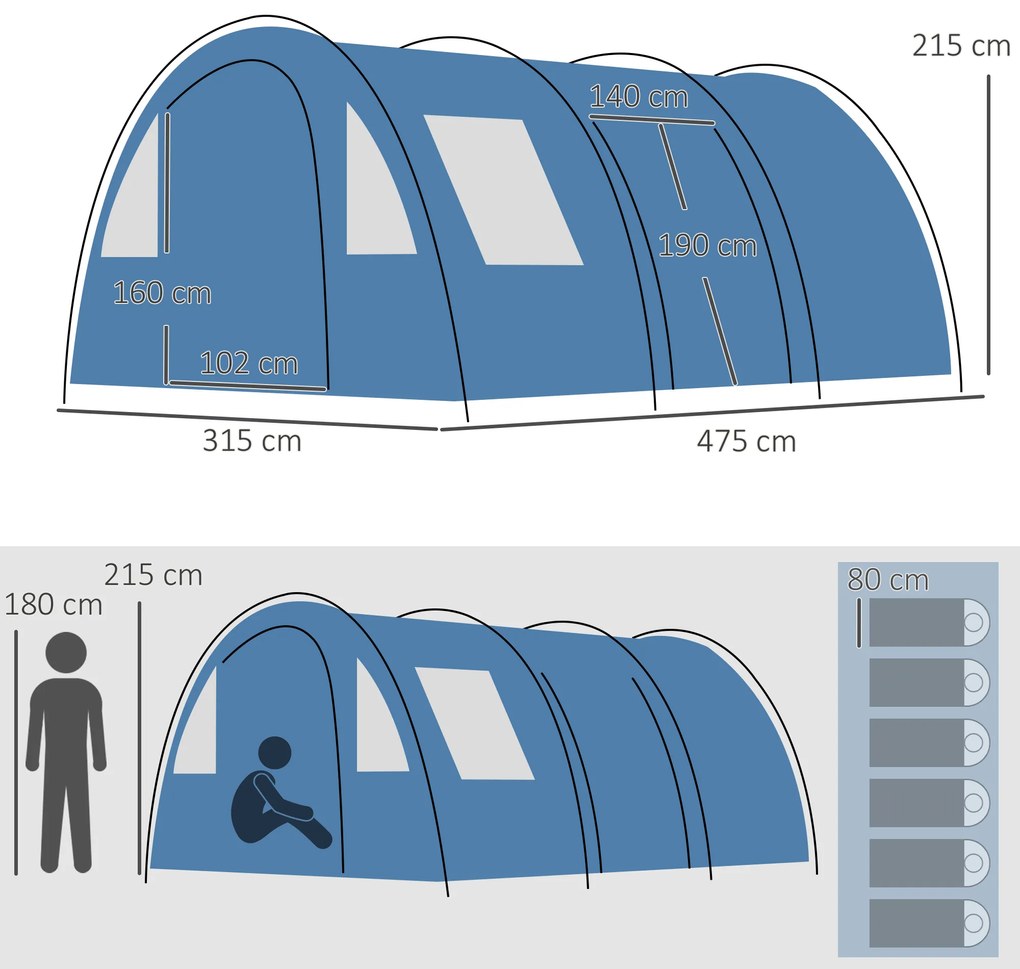 Outsunny Cort Tunel pentru 5-6 Persoane, Cort de Camping cu Doua Camere, cu Podea Cusuta, 2 Usi si Geanta de Transport | Aosom Romania