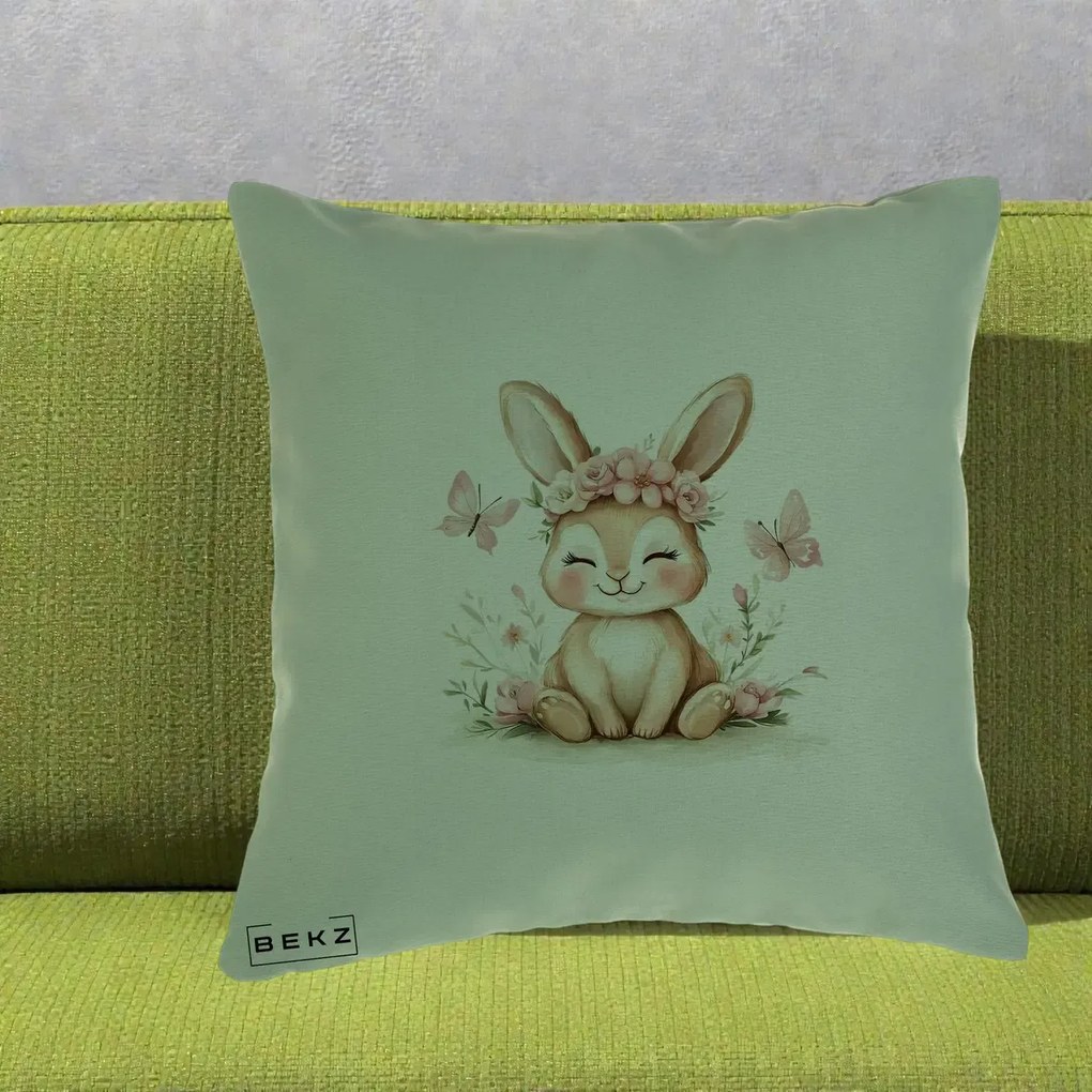 Perna Decorativa Iepuras cu Coronita Florala Roz, 40x40 cm, Verde, Husa Detasabila, Perna Inclusa, BEKZ®