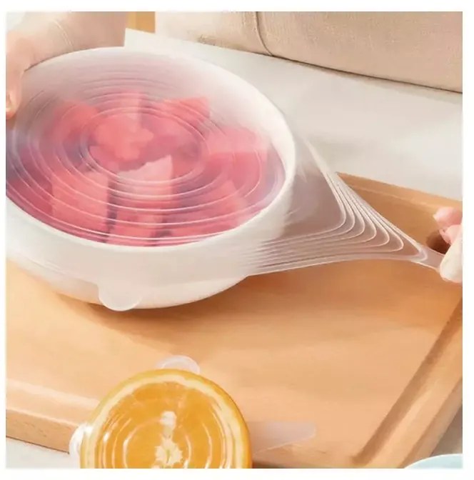 Set 6 capace din silicon Kinghoff KH 1902, -40 pana la 230°C, Etanse, Reutilizabile, Universale, Transparent