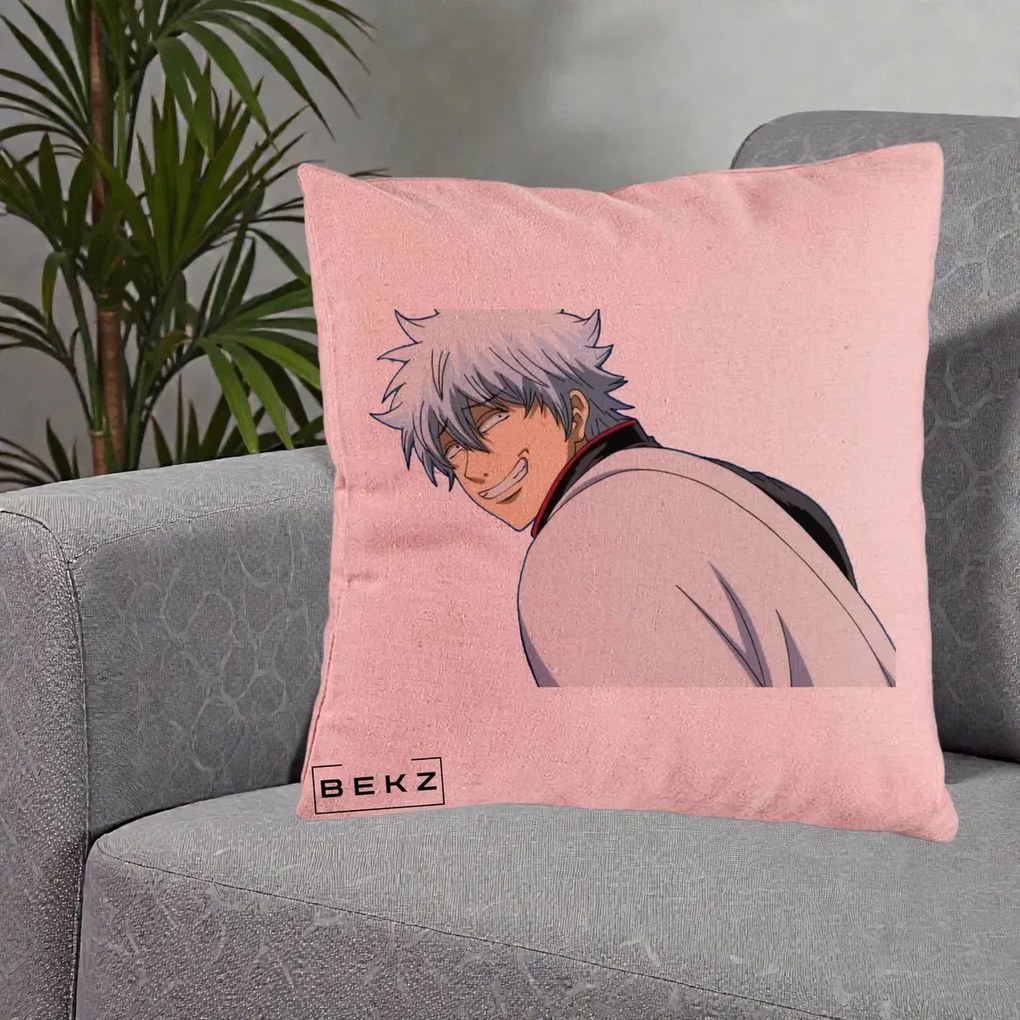 Perna Personalizata Gintama Gintoki Portret cu Zambet, 40x40 cm, Roz, Husa Detasabila, Perna Inclusa, BEKZ®
