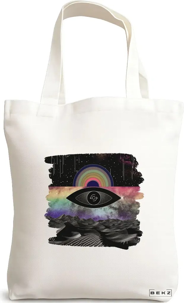 Sacosa de Panza pentru Cumparaturi, Geanta Tote, model Celestial Eye 19, 38x34.5 cm, Alba, BEKZ®