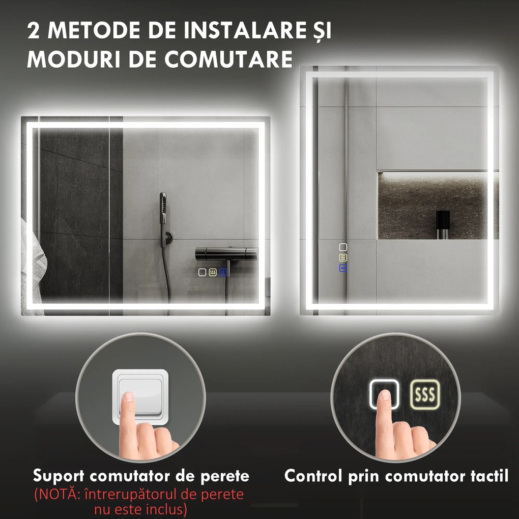 HOMCOM Oglindă Baie Bluetooth LED Antiabur Tactil | Aosom Romania