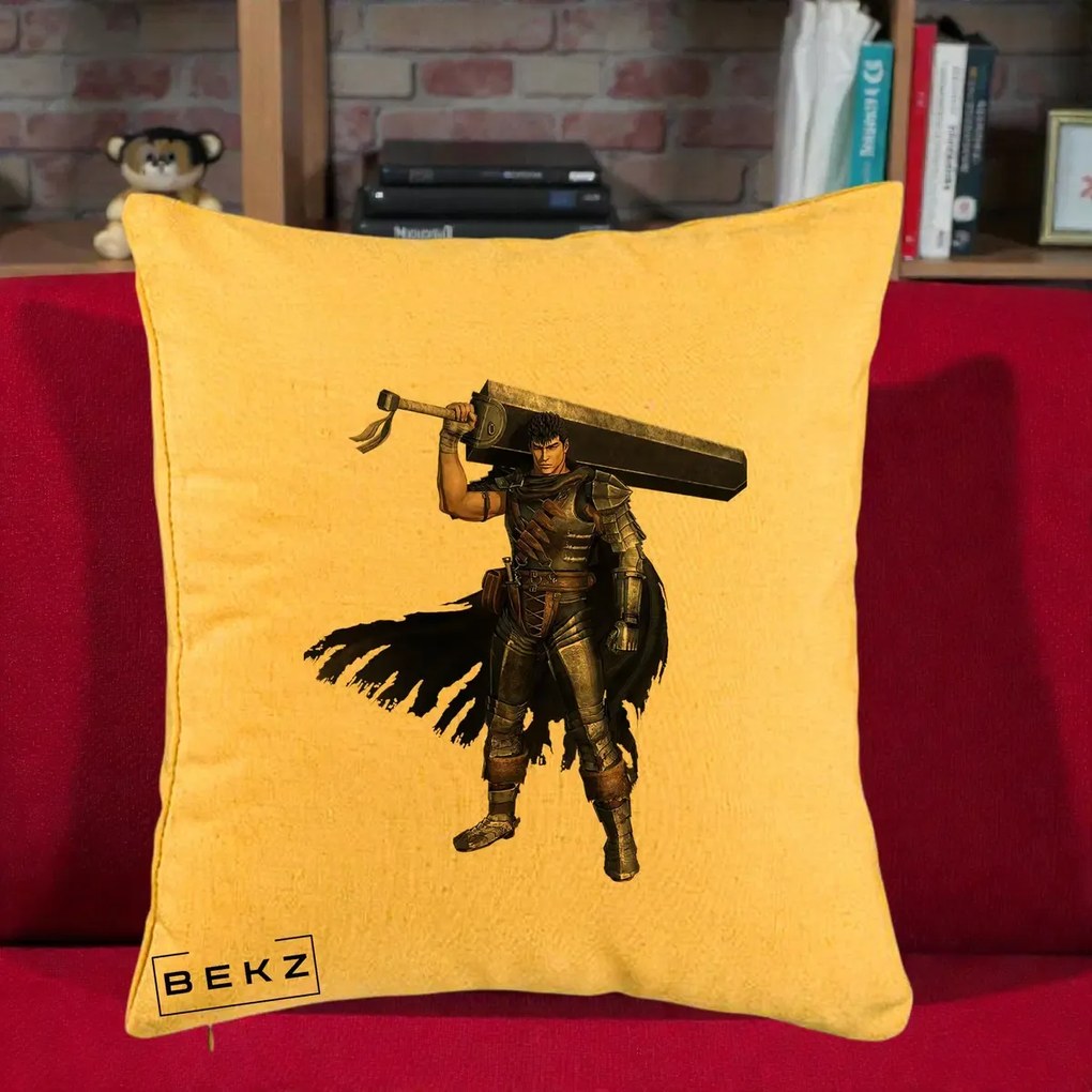 Perna Personalizata Berserk Guts Luptatorul Negru, 40x40 cm, Galben, Husa Detasabila, Perna Inclusa, BEKZ®