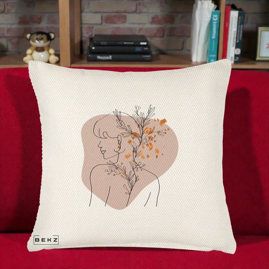 Perna Decorativa Femeie cu Flori Line Art Boho, 40x40 cm, Crem Reliefat, Husa Detasabila, Perna Inclusa, BEKZ®
