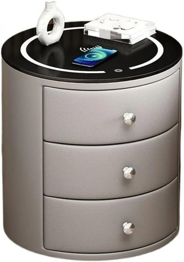 Noptieră inteligentă multifuncțională rotundă, 3 sertare, iluminare LED-uri Touch, încărcare fără fir, încărcare USB, difuzor Bluetooth, sticlă securizată, Gri