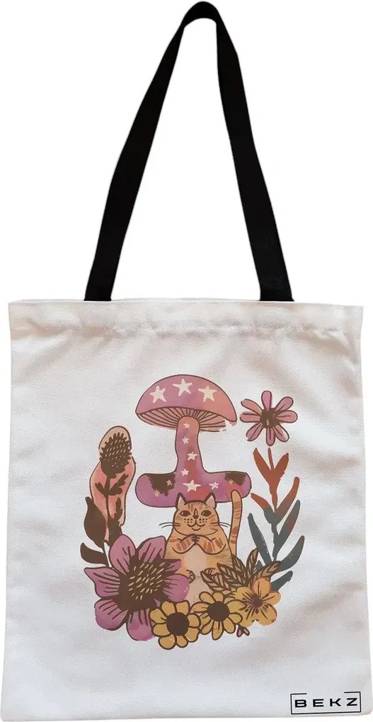 Sacosa de Panza pentru Cumparaturi, Geanta Tote, Colorful Mushrooms 7, Cu fermoar, 38x34.5 cm, Alba, BEKZ®
