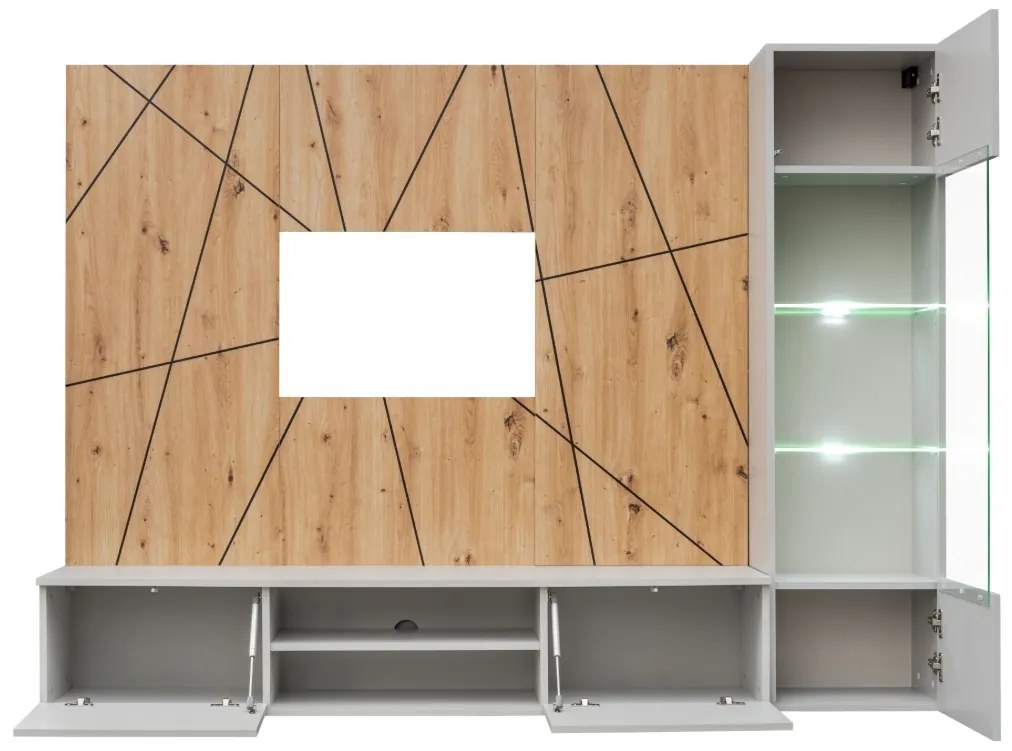 Set mobila living, suspendata, prindere perete, cu spatiu pe mijloc, usi deschidere prin apasare, vitrina cu led, stejar artisan -dungi negre gri mat