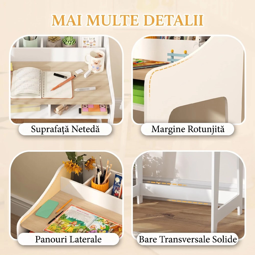 AIYAPLAY Set birou și scaun pentru copii 3-8 ani cu 3 compartimente deschise, margini rotunjite, din lemn, culoare lemn | Aosom Romania