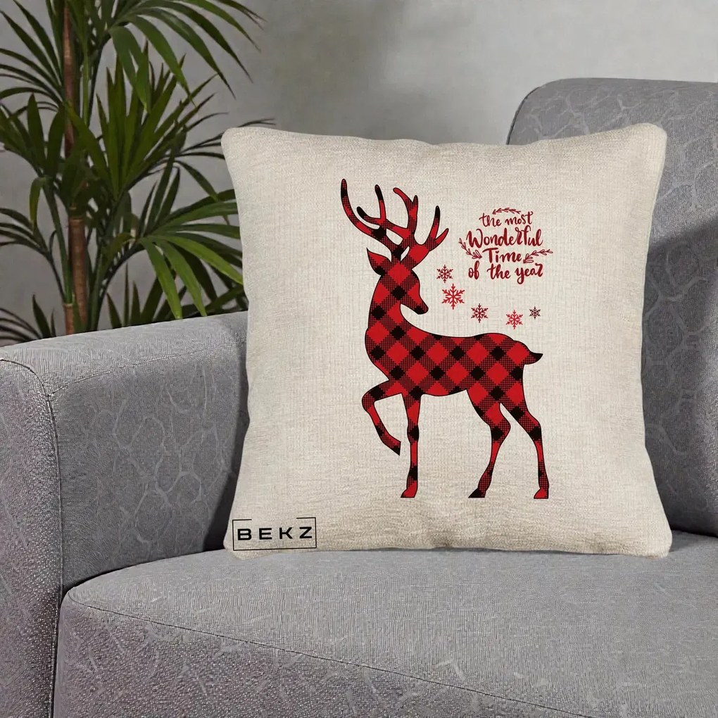 Perna Decorativa Ren Buffalo Plaid Craciun, 40x40 cm, Bej Canapea, Husa Detasabila, Perna Inclusa, BEKZ®
