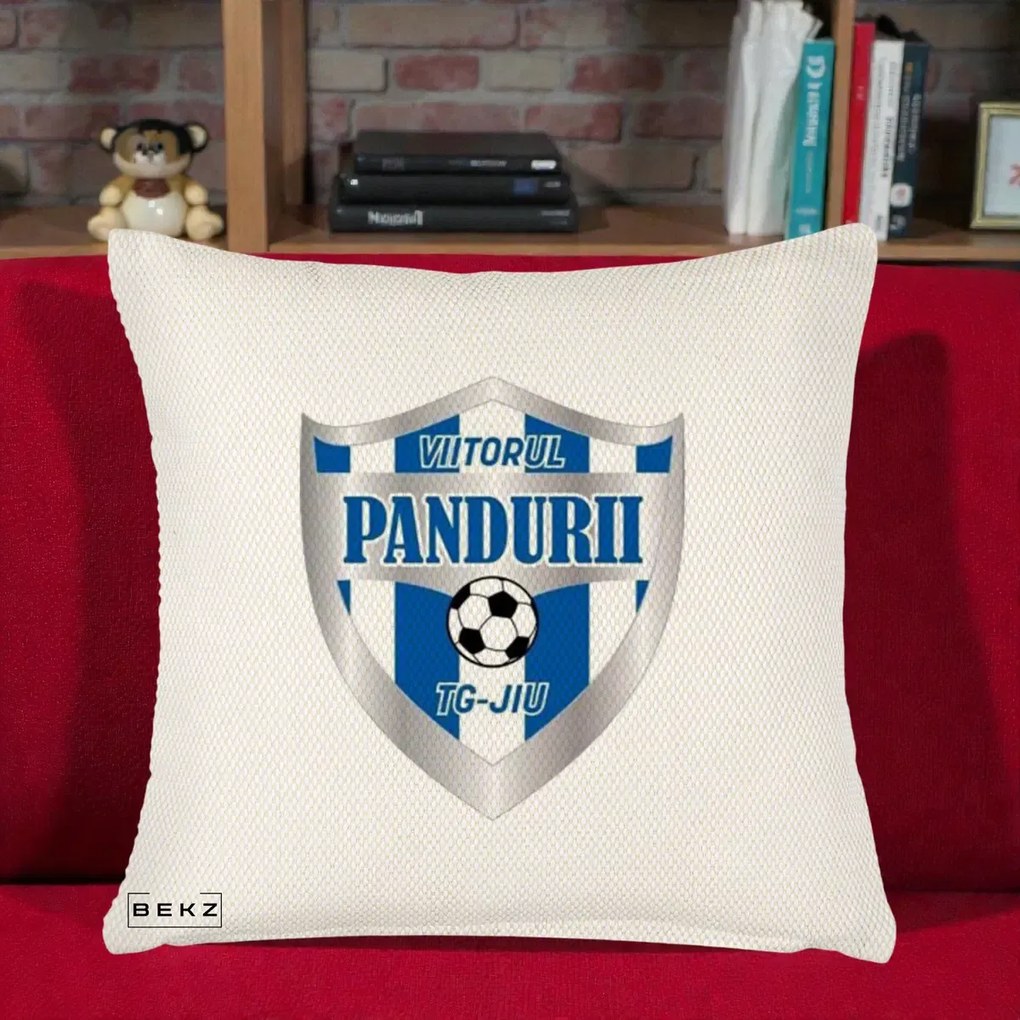 Perna Personalizata Pandurii Targu Jiu Fotbal, 40x40 cm, Crem Reliefat, Husa Detasabila, Perna Inclusa, BEKZ®