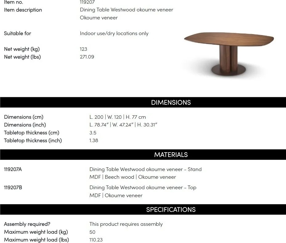 Masa Dining din Lemn, Furnir Okoume, Westwood 200x120cm