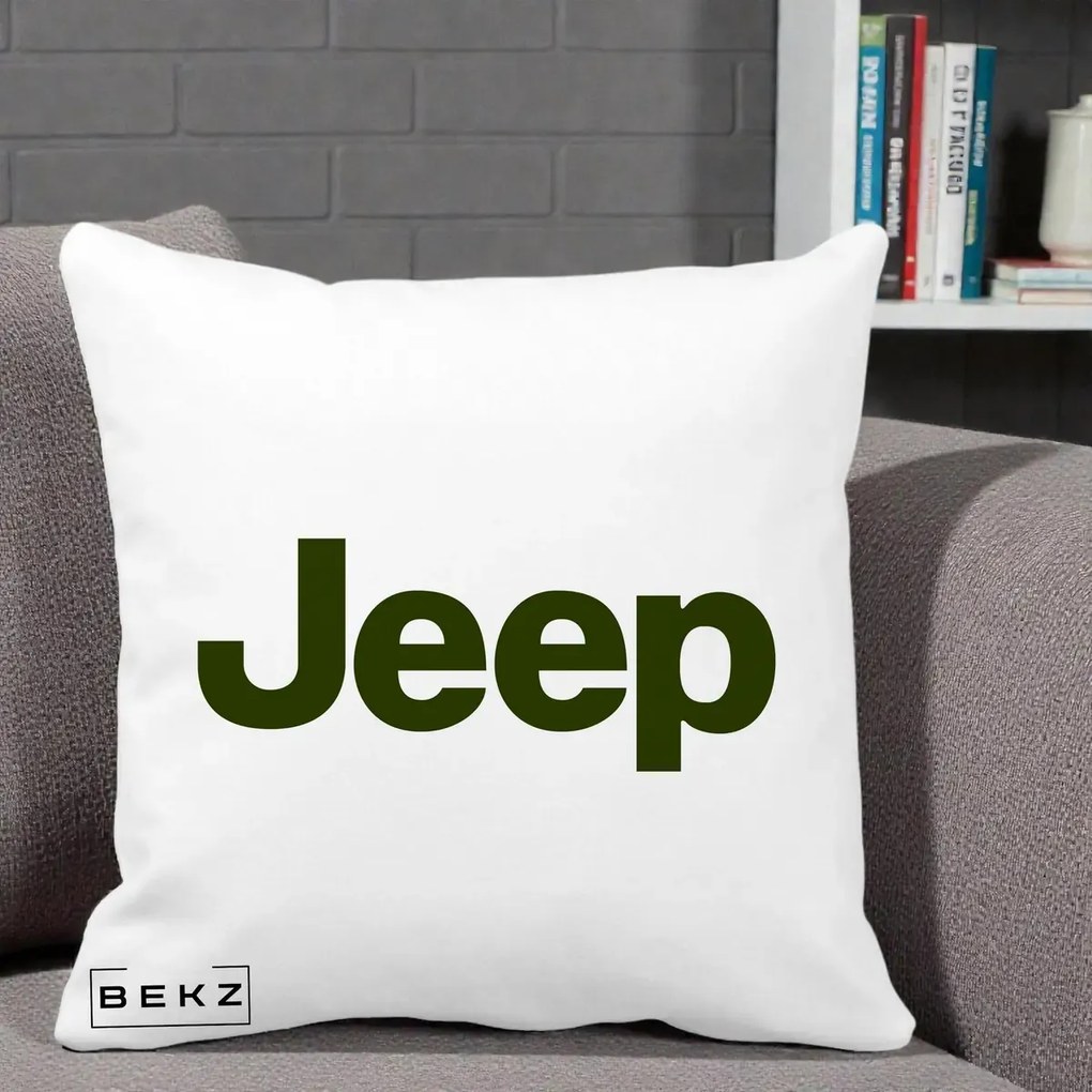 Perna Personalizata cu emblema Jeep, 40x40 cm, Alba Mata, Husa Detasabila, Perna Inclusa, BEKZ®