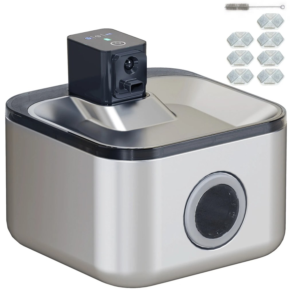 PawHut Fântână Automată pentru Pisici 4,2L din Oțel Inoxidabil, Silențioasă, Filtru 3 Etape, Încărcător USB, Argintiu | Aosom Romania
