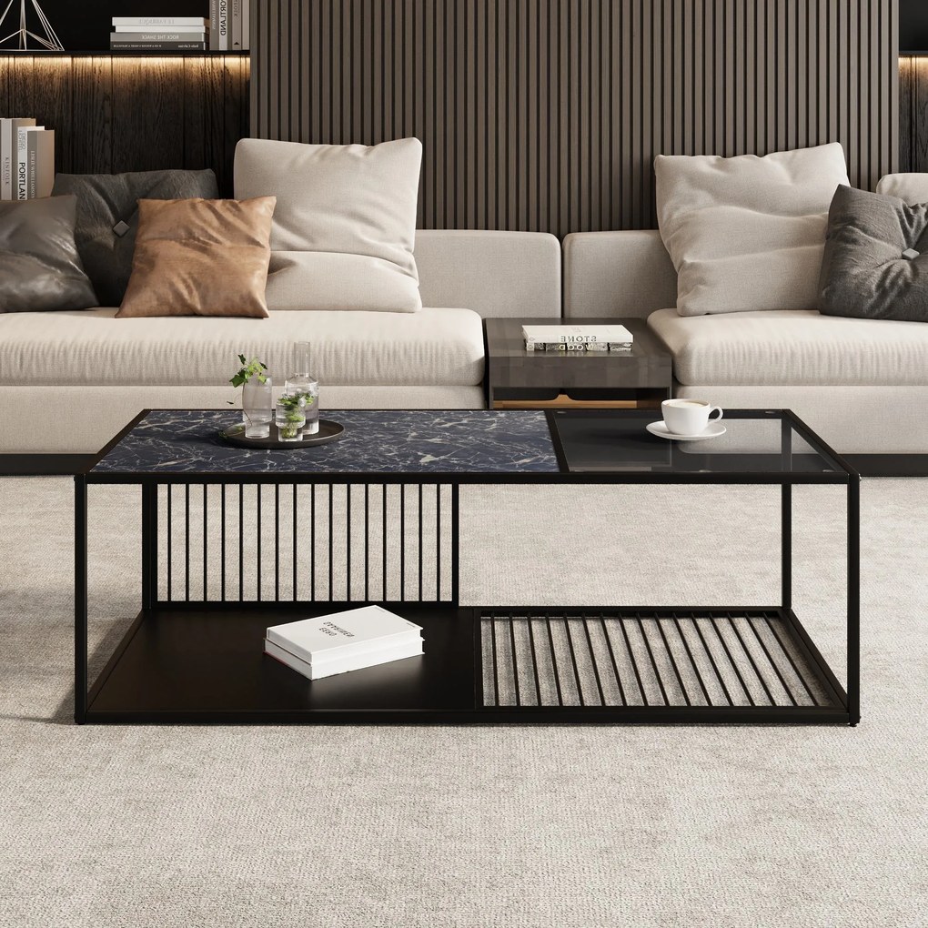 Masă de cafea cu sticlă călită, pentru spațiu de depozitare generos, 110x48x35 cm, Negru