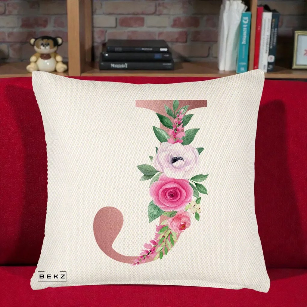 Cadou Personalizat - Perna Personalizata Monograma Rose Gold Litera J, 40x40 cm, Crem Reliefat, Husa Detasabila, Perna Inclusa, BEKZ®