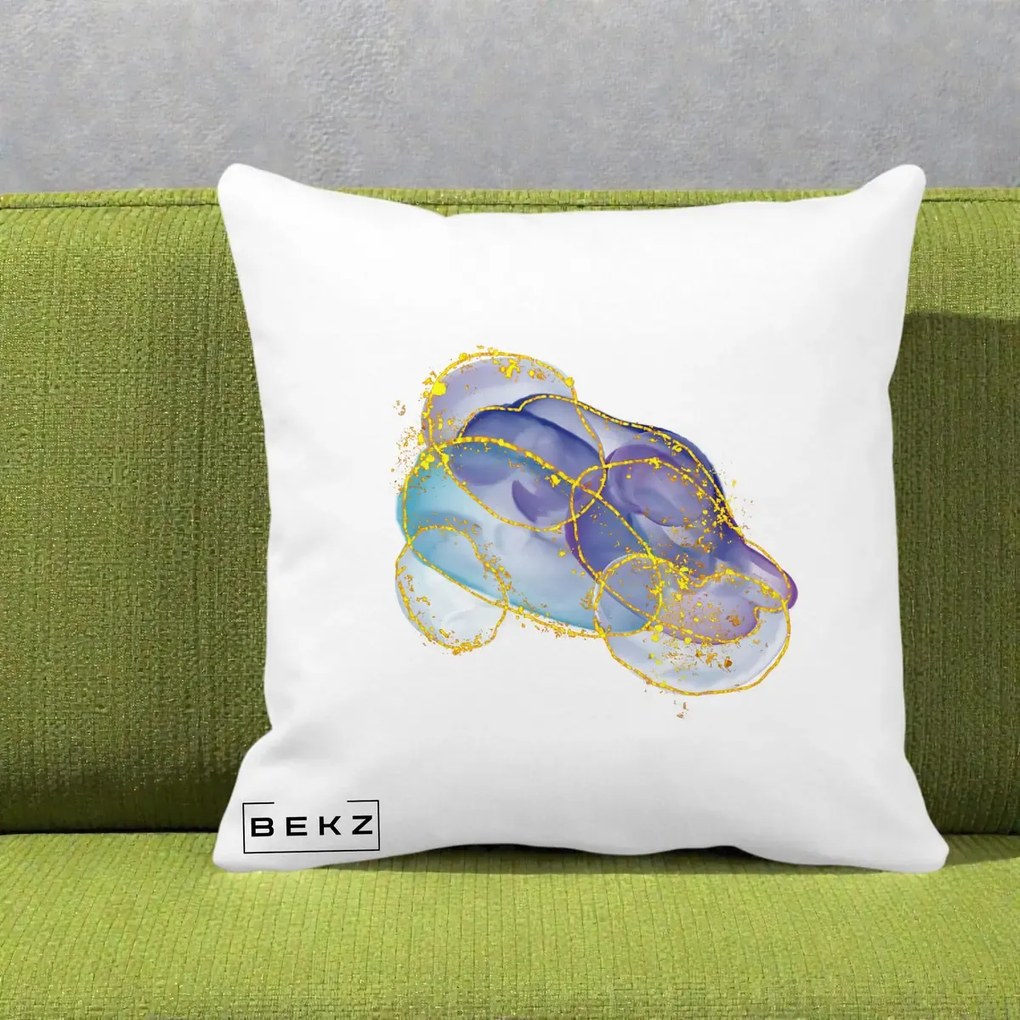 Perna Decorativa Abstract Acuarela Albastru-Mov cu Cercuri Aurii, 40x40 cm, Alba Mata, Husa Detasabila, Perna Inclusa, BEKZ®
