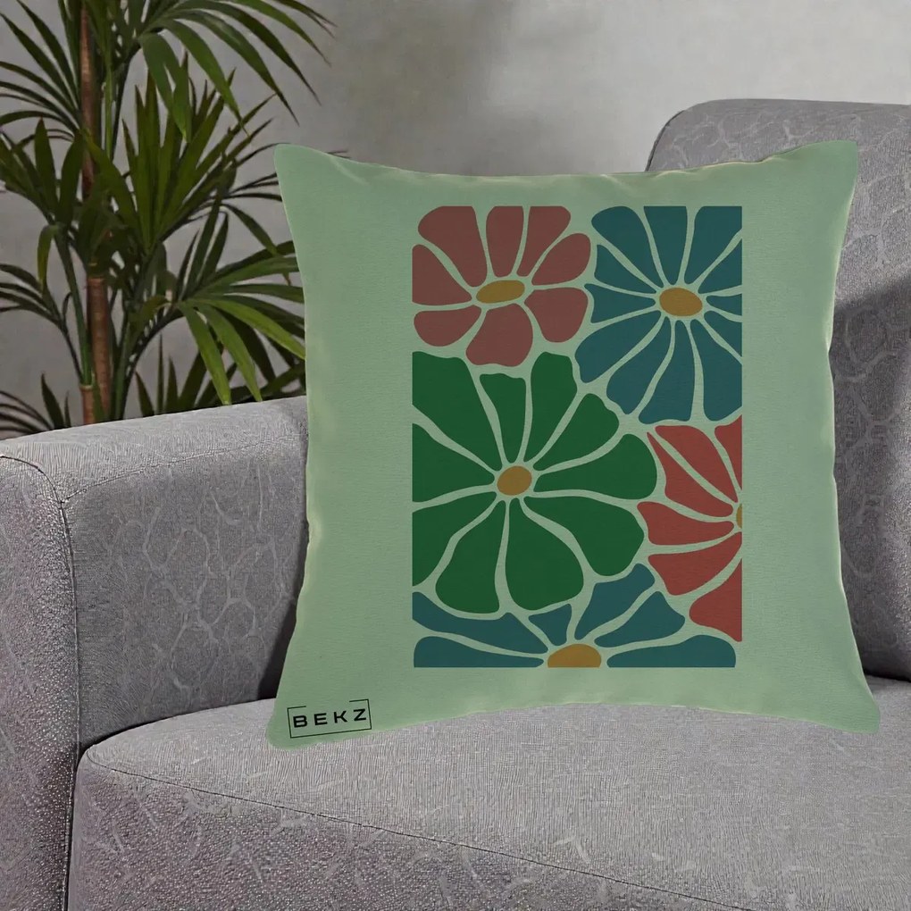Perna Decorativa Flori Grafice Verde-Roz-Albastru, 40x40 cm, Verde, Husa Detasabila, Perna Inclusa, BEKZ®
