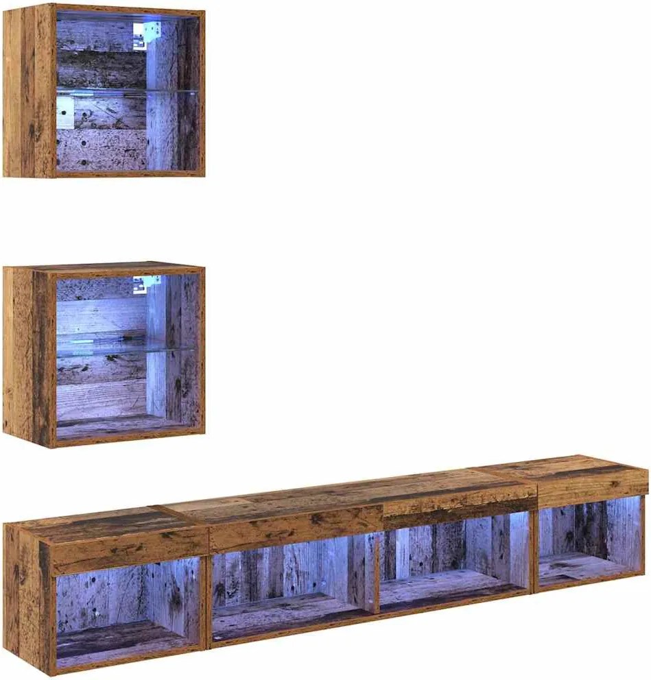 vidaXL Unități TV de perete cu LED 5 pcs Lemn vechi Lemn compozit