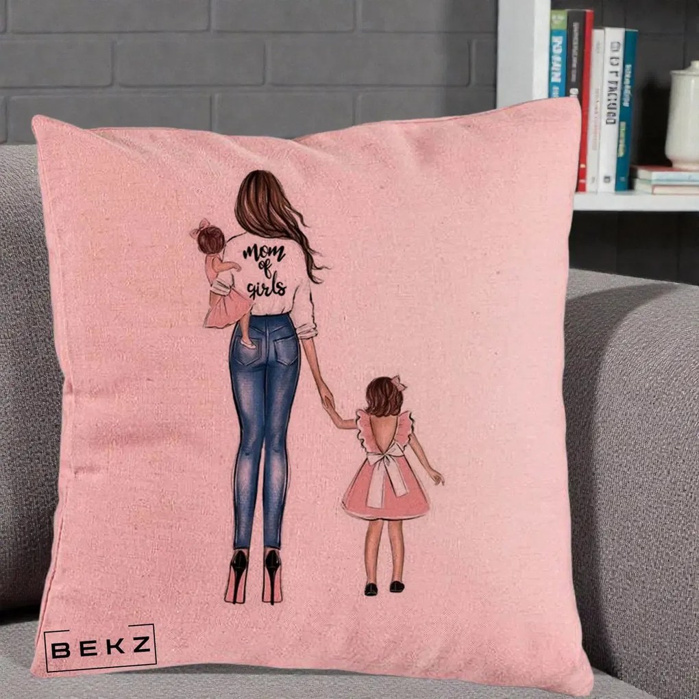 Cadou pentru Mama - Perna Personalizata Mom of Girls Mama cu Fetele, 40x40 cm, Roz, Husa Detasabila, Perna Inclusa, BEKZ®