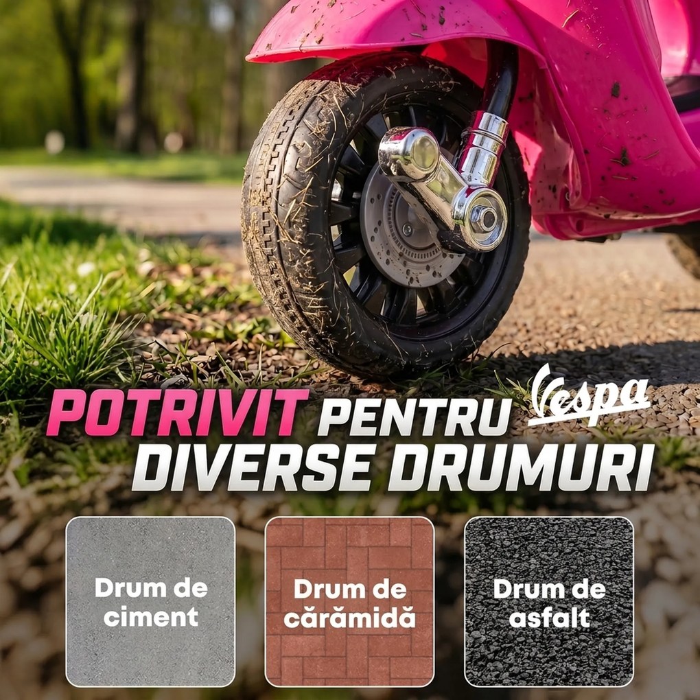 AIYAPLAY Motocicletă electrică copii Vespa 6V cu roți de sprijin, far, claxon pentru 2-6 ani 71 x 37 x 52 cm Roz | Aosom Romania
