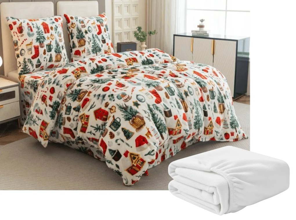 Set Lenjerie cocolino FESTIVE MAGIC alb + Cearsaf Cocolino microplus SOFT 180x200 cm alb, pat dublu